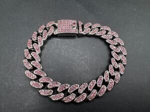 Miami Pink Iced Out Bling CZ Rhinestones Cuban Link Bracelet Sz 7.5"